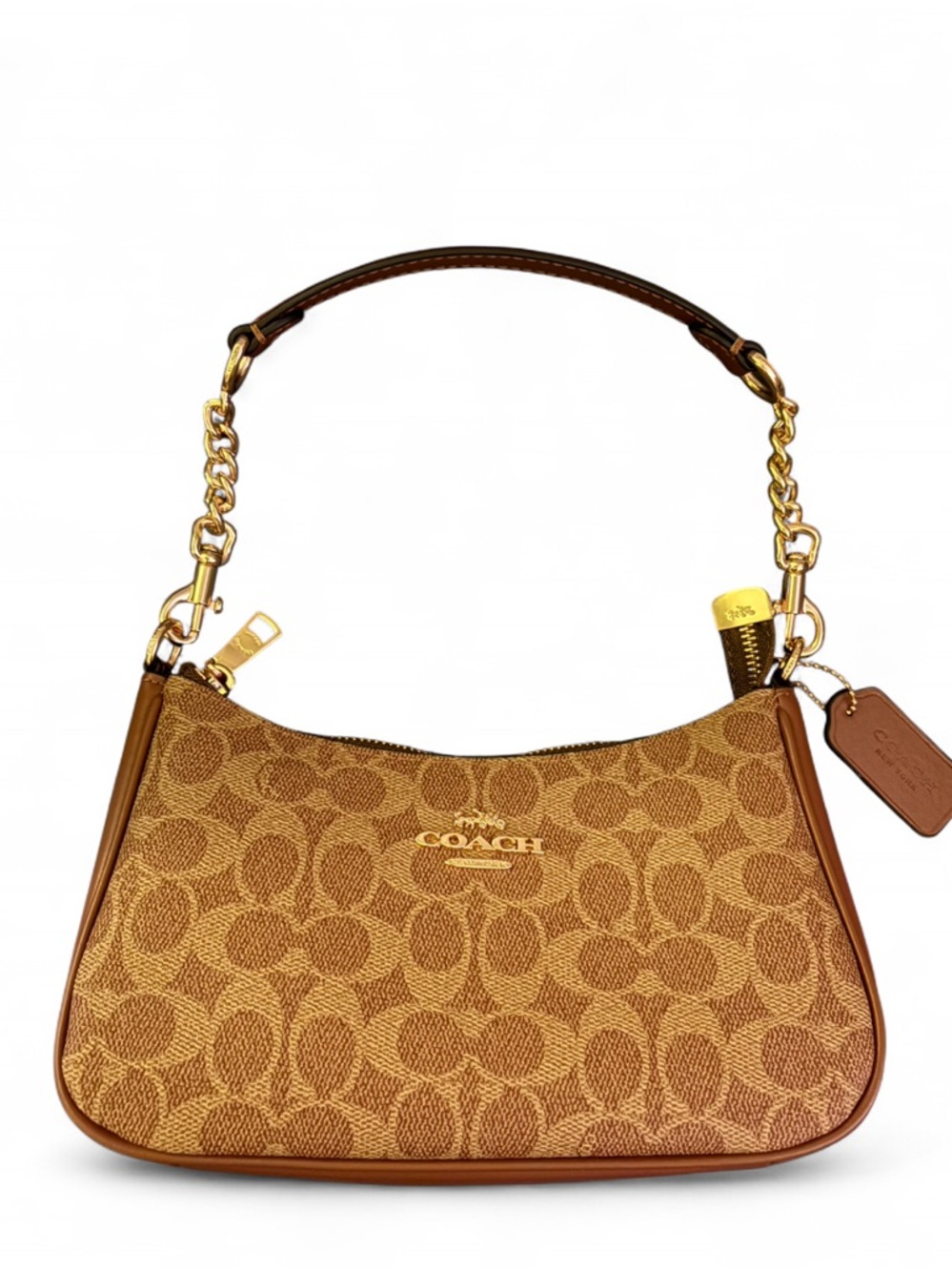 Coach Tan/Brown Signature Canvas Shoulder Bag with Gold Hardware